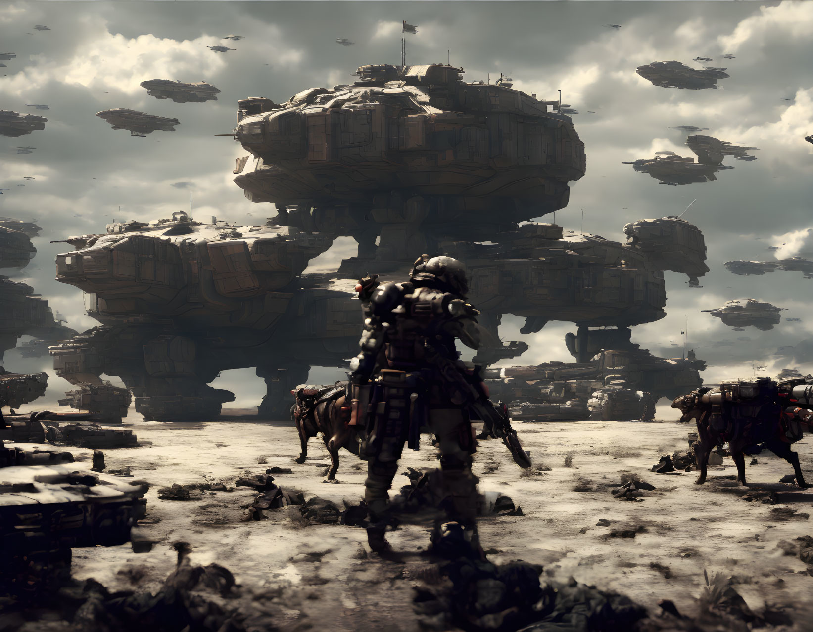 Futuristic armor figures on horses near hovering rock-like structures