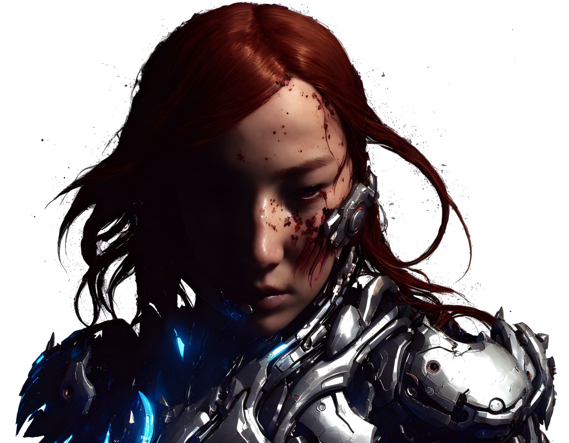 Digital Artwork: Red-Haired Woman with Cybernetic Arm and Futuristic Armor