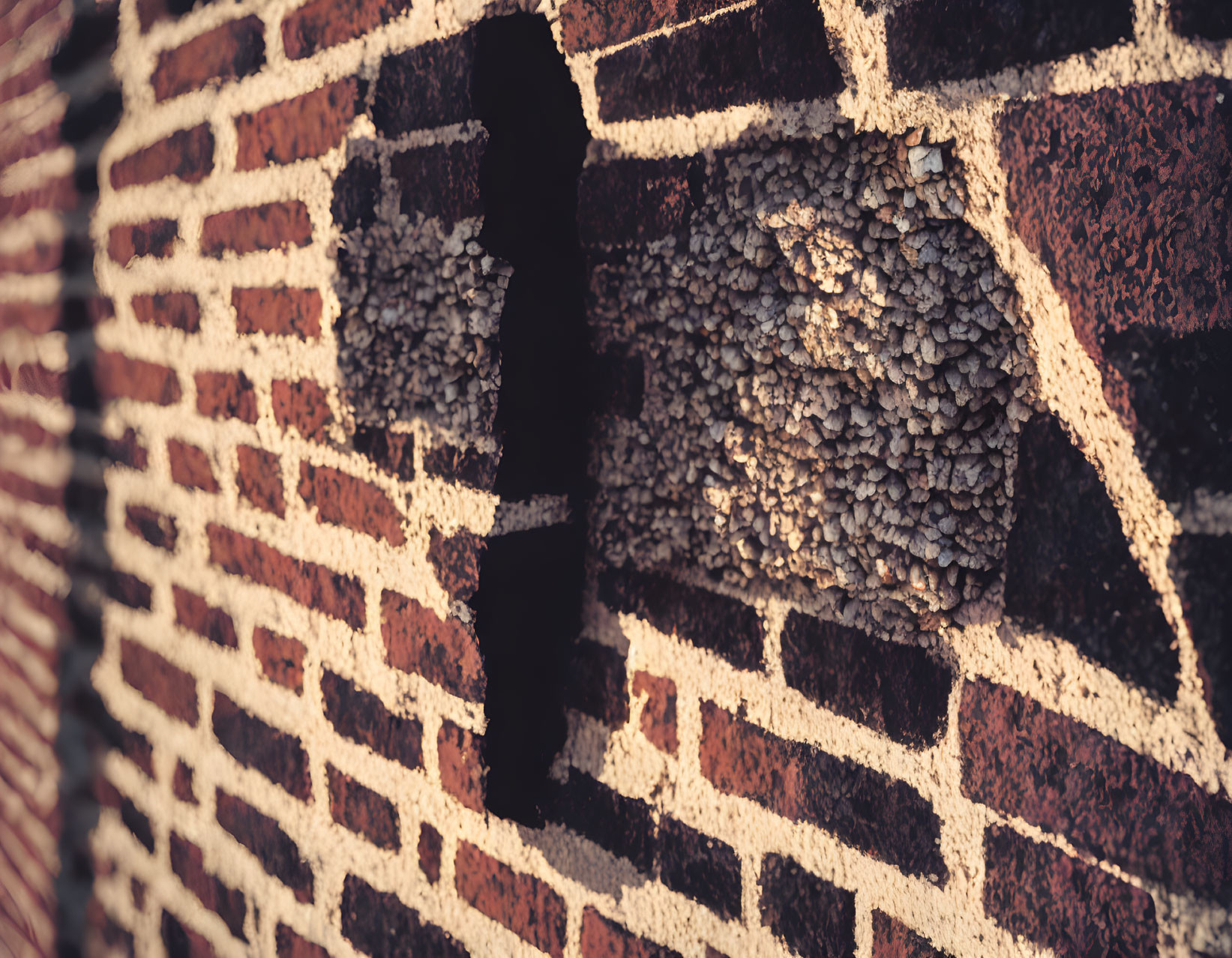 Close-up of damaged brick wall with peeling layers and textured surfaces.