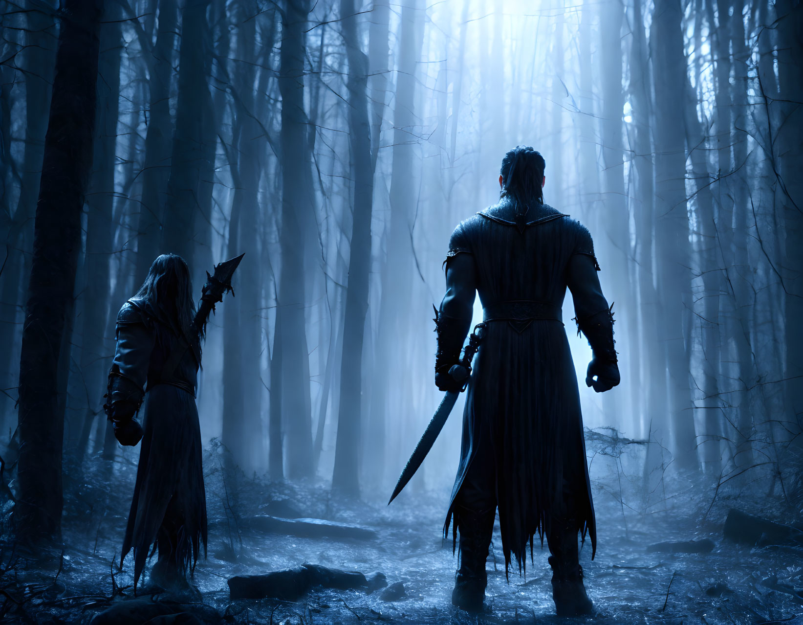 Silhouetted warriors in moonlit forest ready for action.