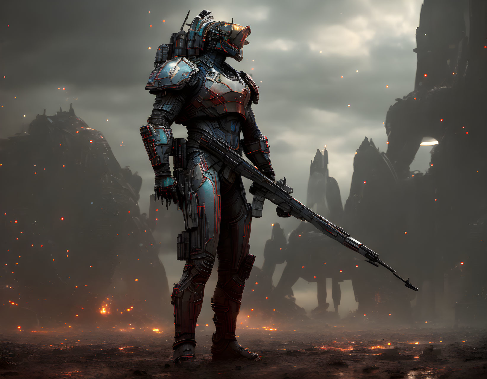 Futuristic soldier in advanced armor with rifle in dystopian backdrop.