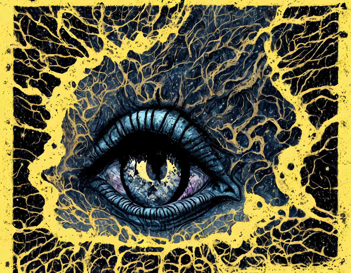 Detailed blue patterned eye illustration on yellow crackle background