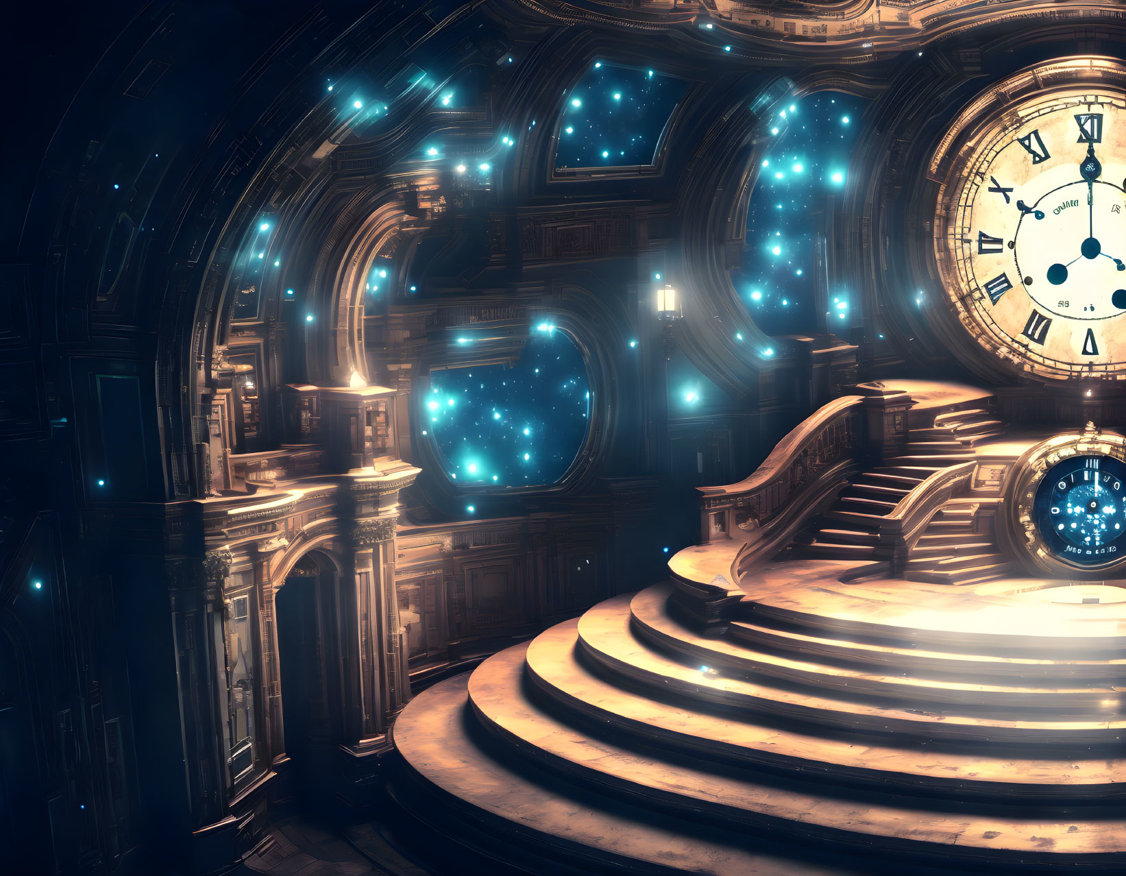 Ethereal library with celestial patterns and grand staircases