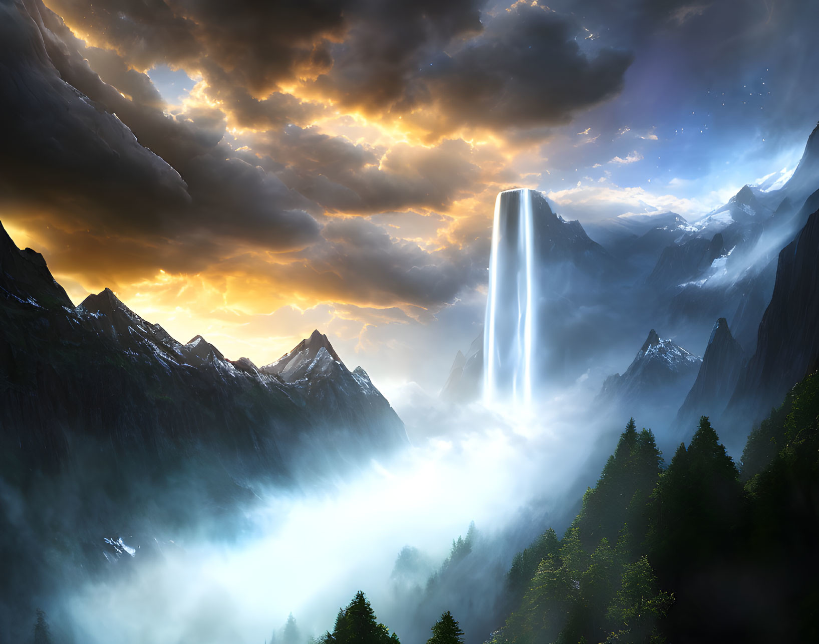 Majestic waterfall cascading over cliff at sunrise.