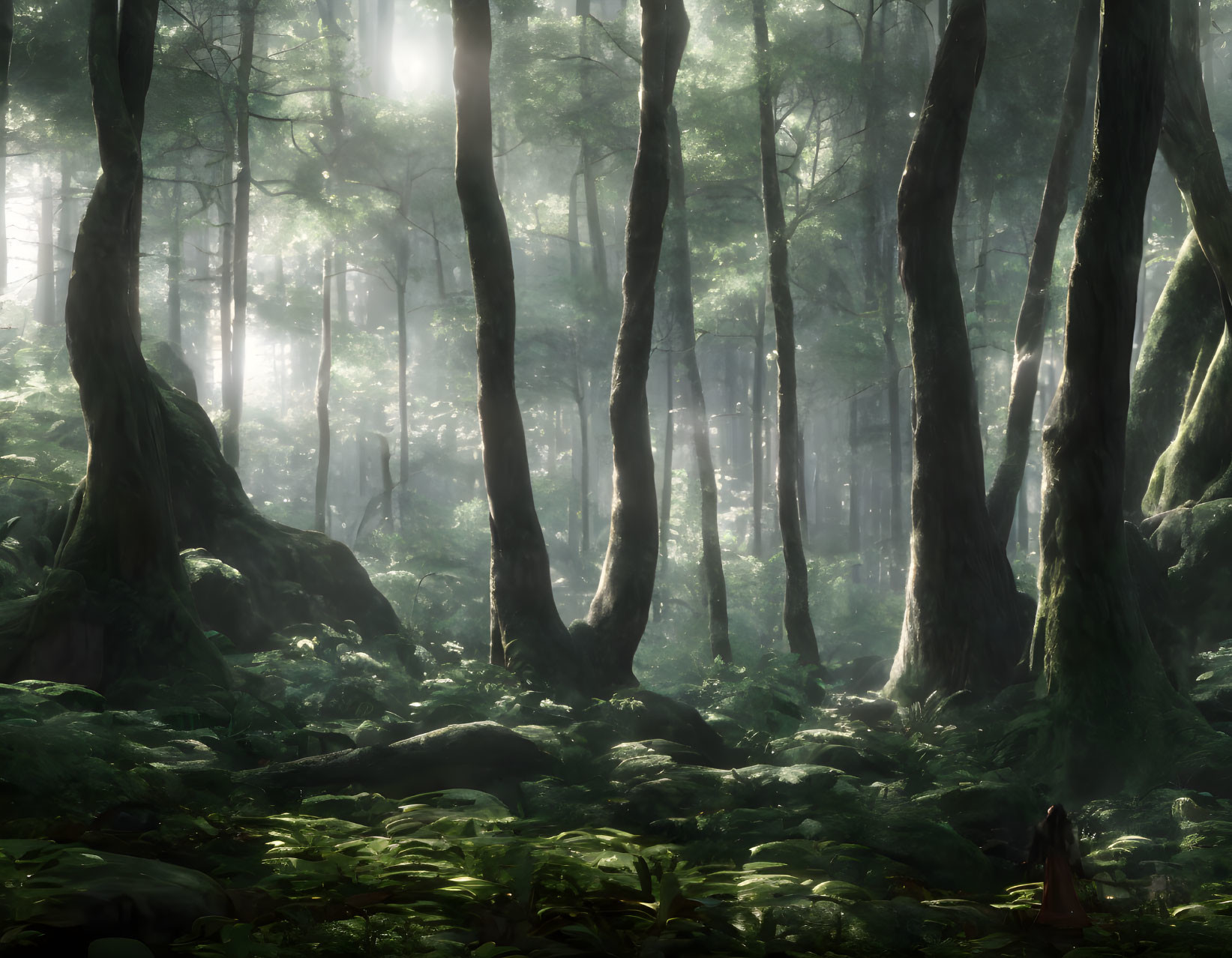 Misty forest scene with sunlight filtering through trees