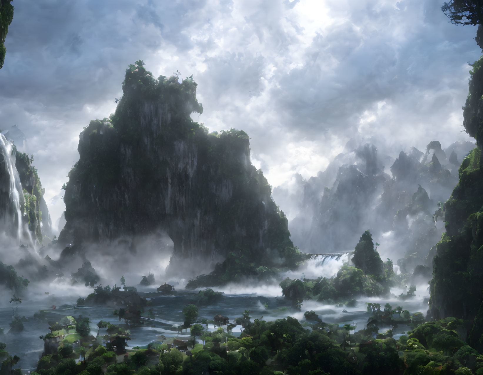 Ethereal landscape: towering waterfalls, lush greenery, jagged cliffs