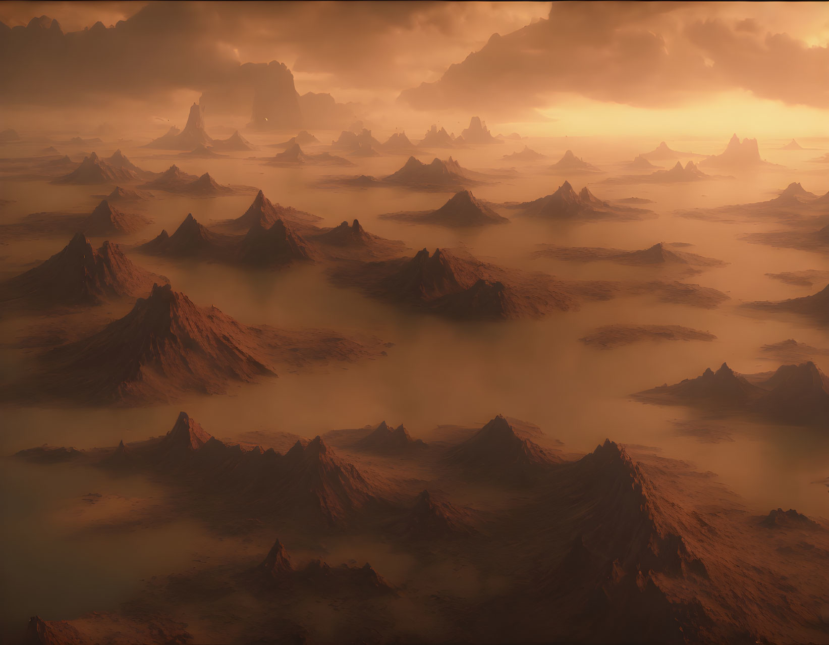 Rocky peaks in misty Martian-like landscape at dusk