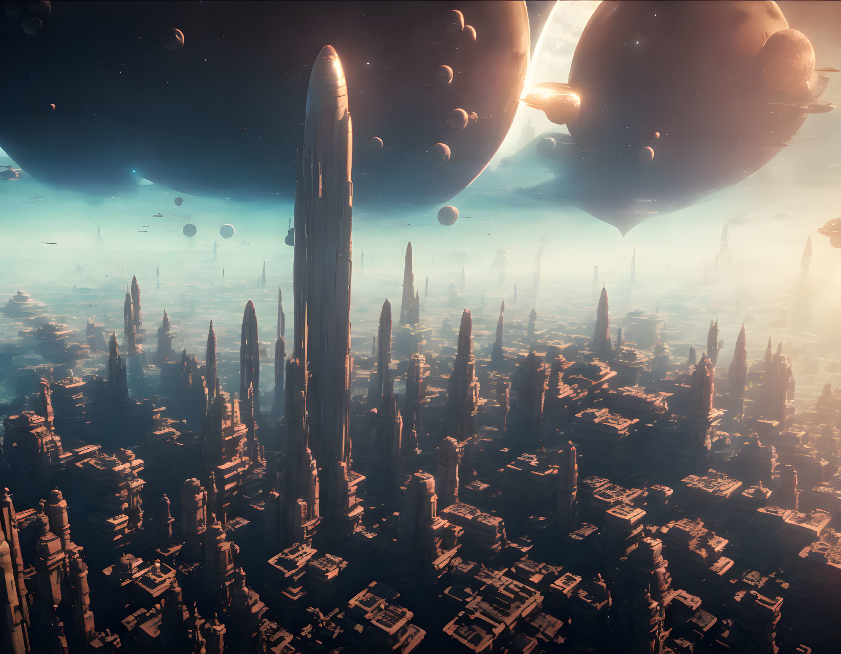 Futuristic cityscape with towering skyscrapers and floating planets in orange sky