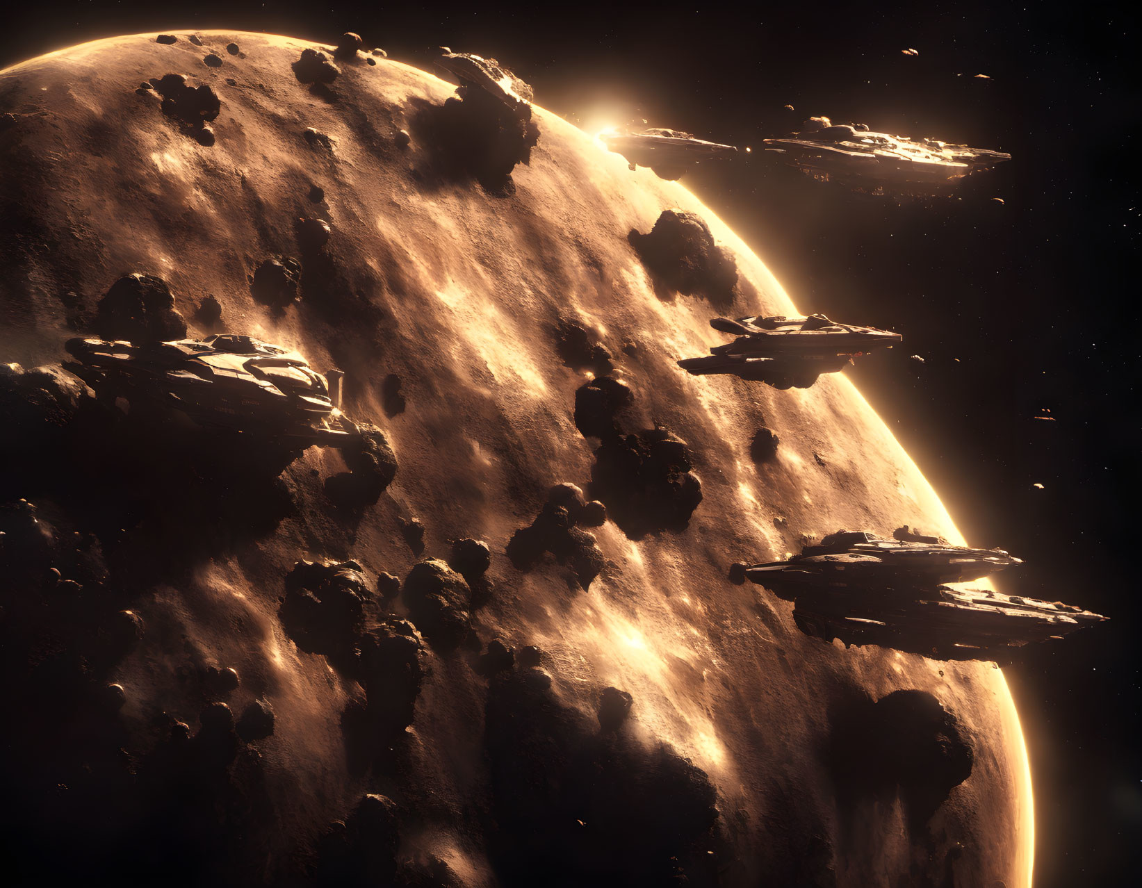 Spaceships near asteroid under distant sun: Epic space scene