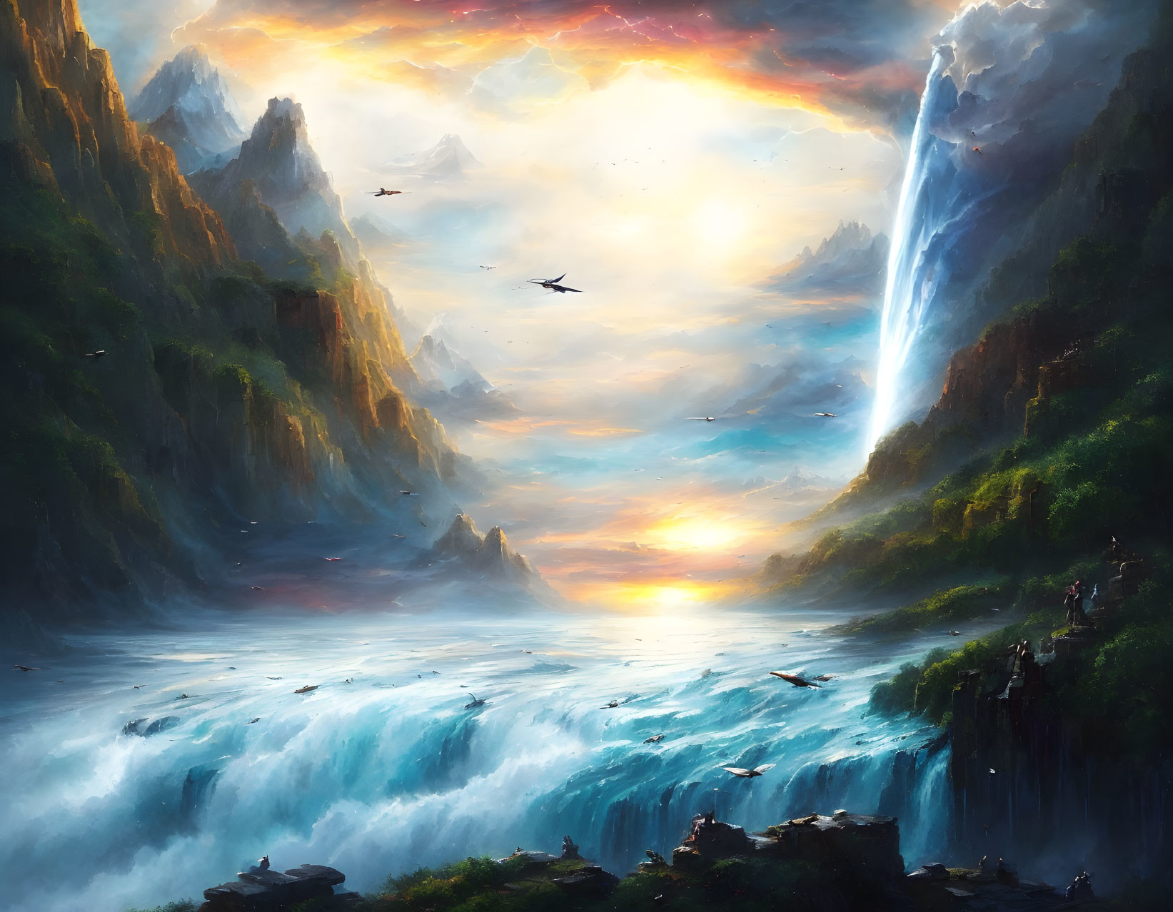 Scenic landscape with waterfall, birds, and lush greenery at sunrise or sunset