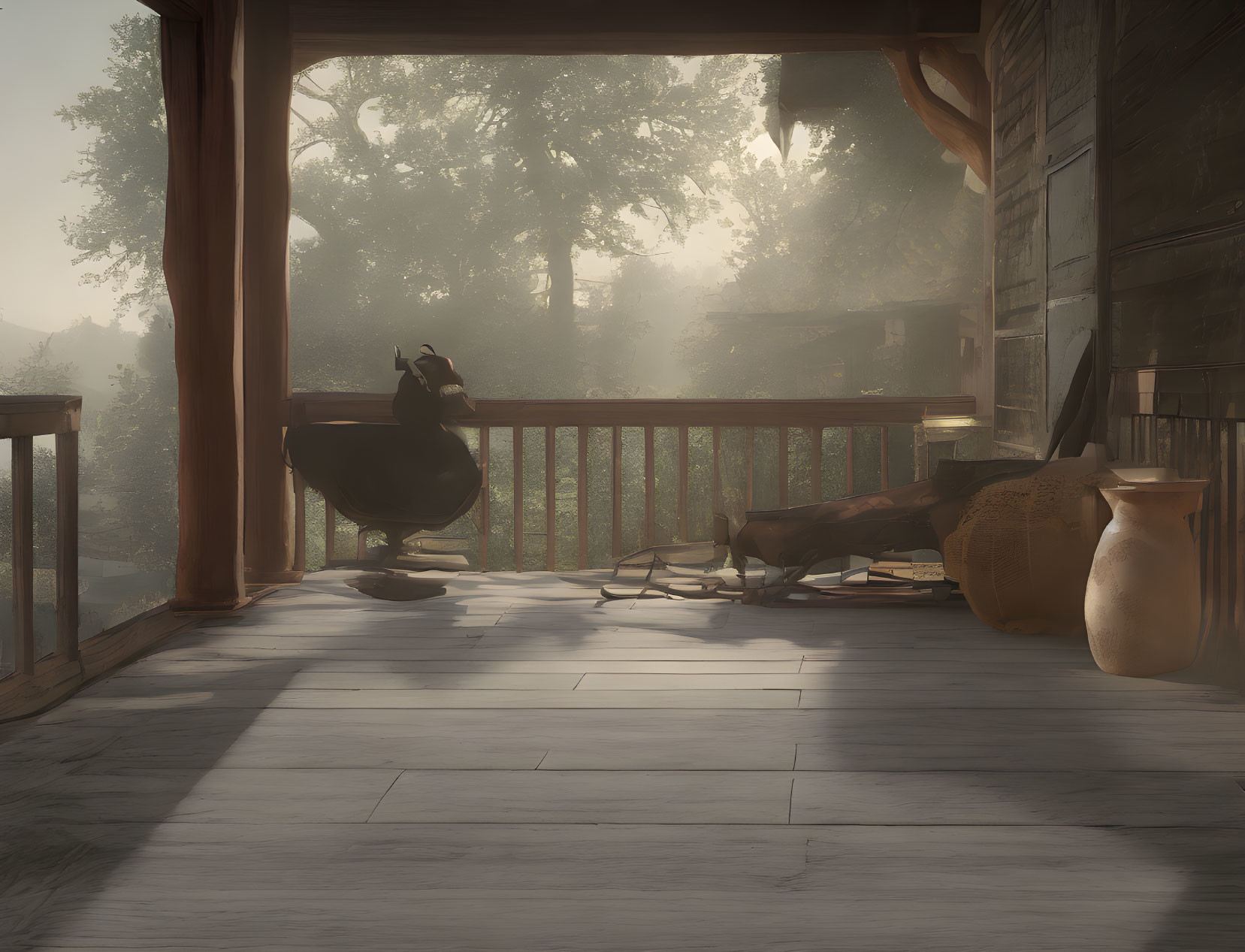 Tranquil porch with rocking chair, wooden decor, and large pot in soft sunlight