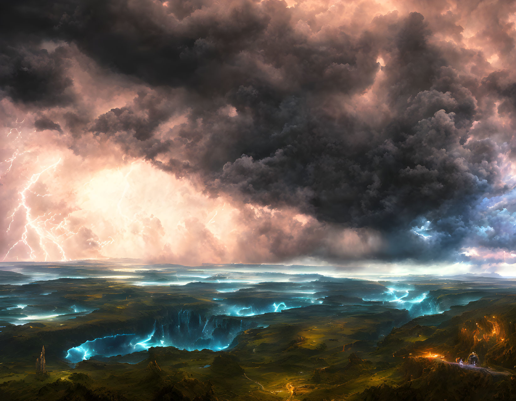 Dramatic landscape with storm clouds, lightning, glowing rivers