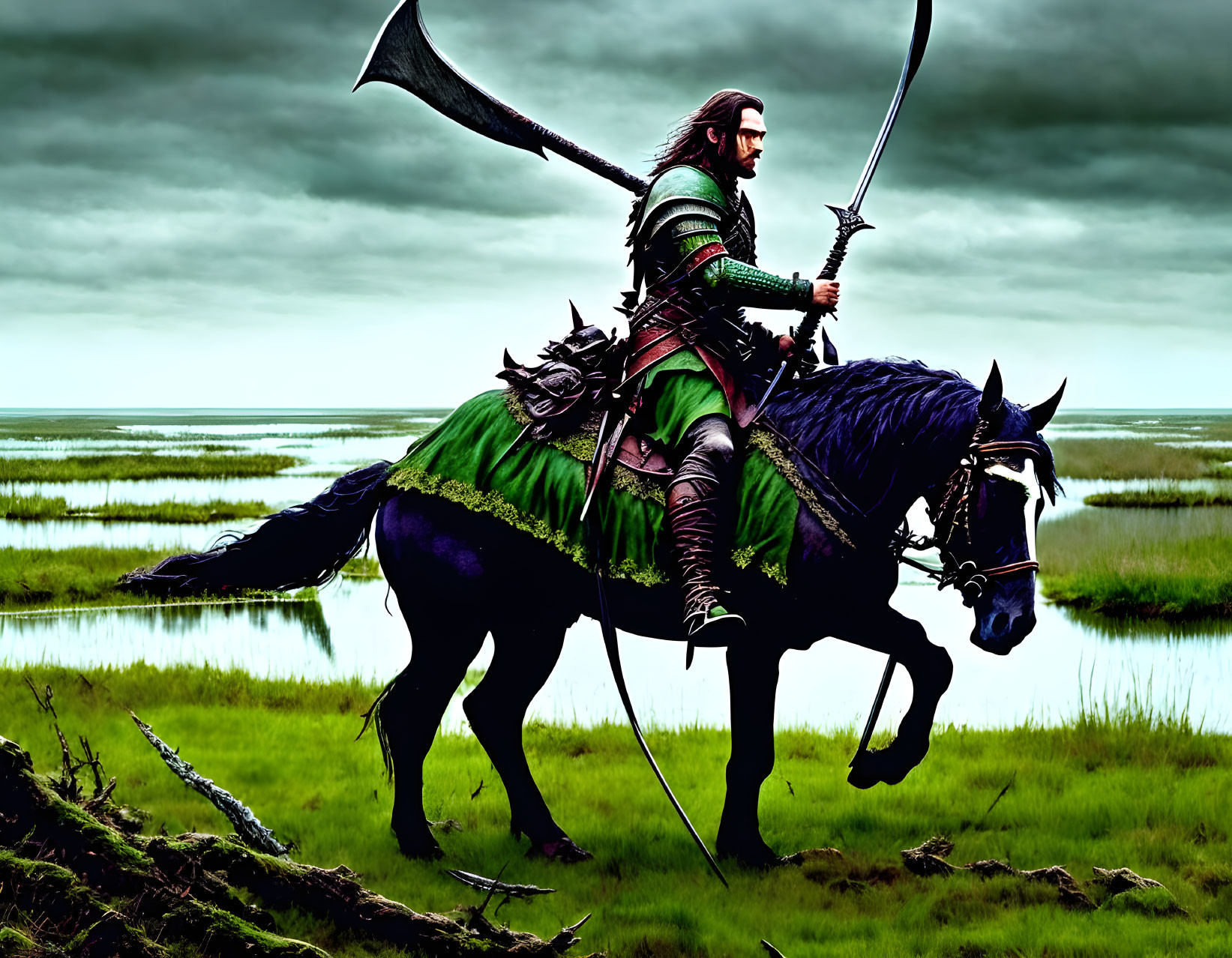 Medieval knight on black horse with flag and spear in marshy field