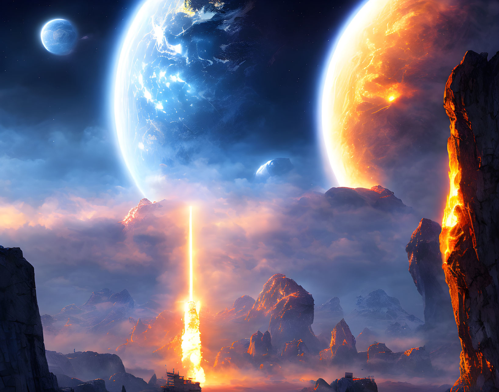 Fiery and Icy Space Scene with Planets and Beam