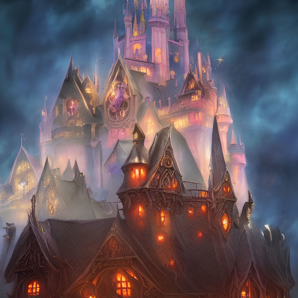 Fantasy castle with illuminated spires against dark, starry sky