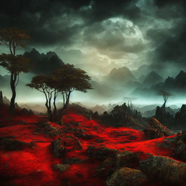 Vivid Red Ground and Misty Mountains in Dramatic Landscape