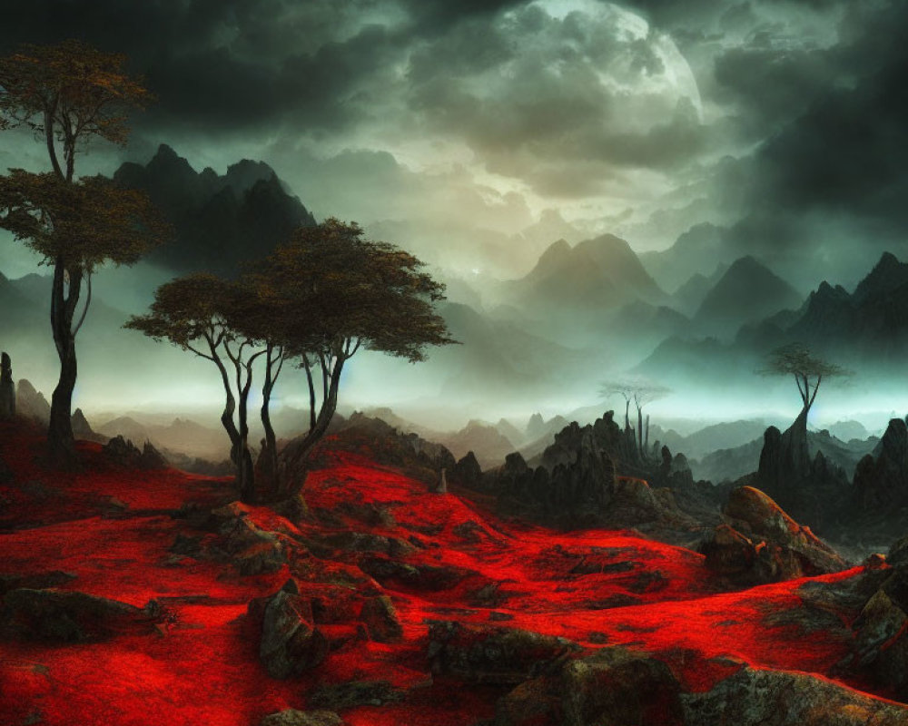 Vivid Red Ground and Misty Mountains in Dramatic Landscape