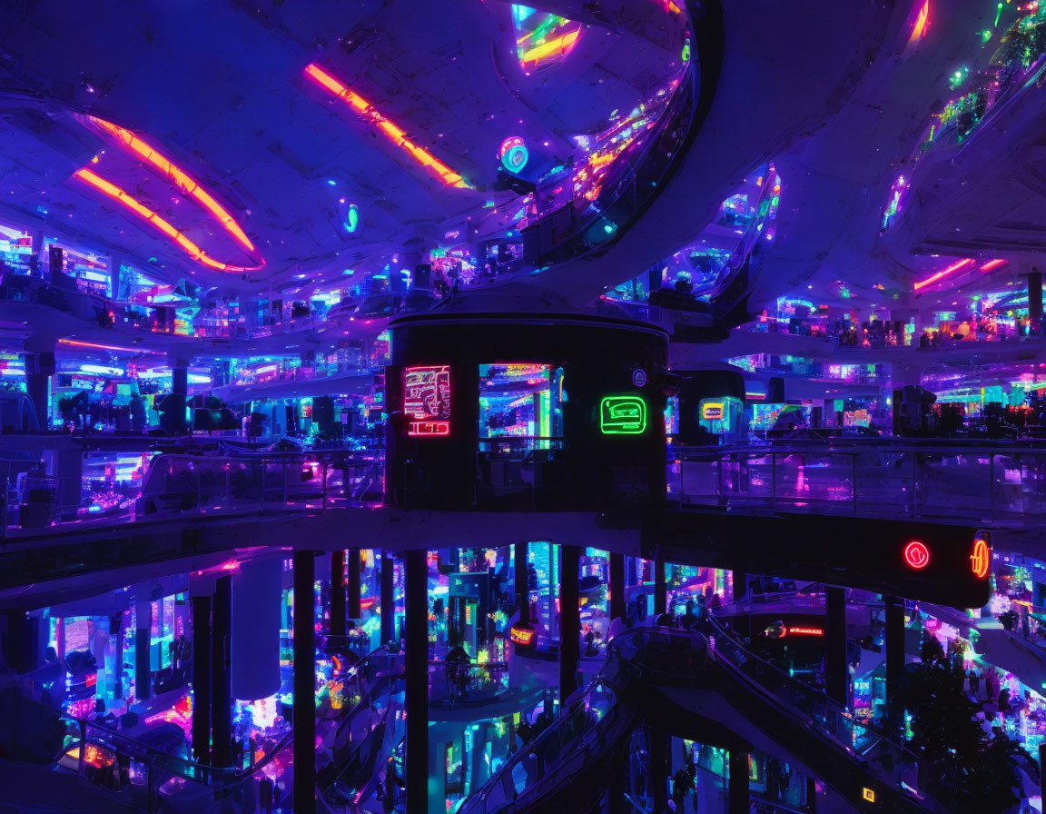 Neon-lit arcade with multilevel gaming areas