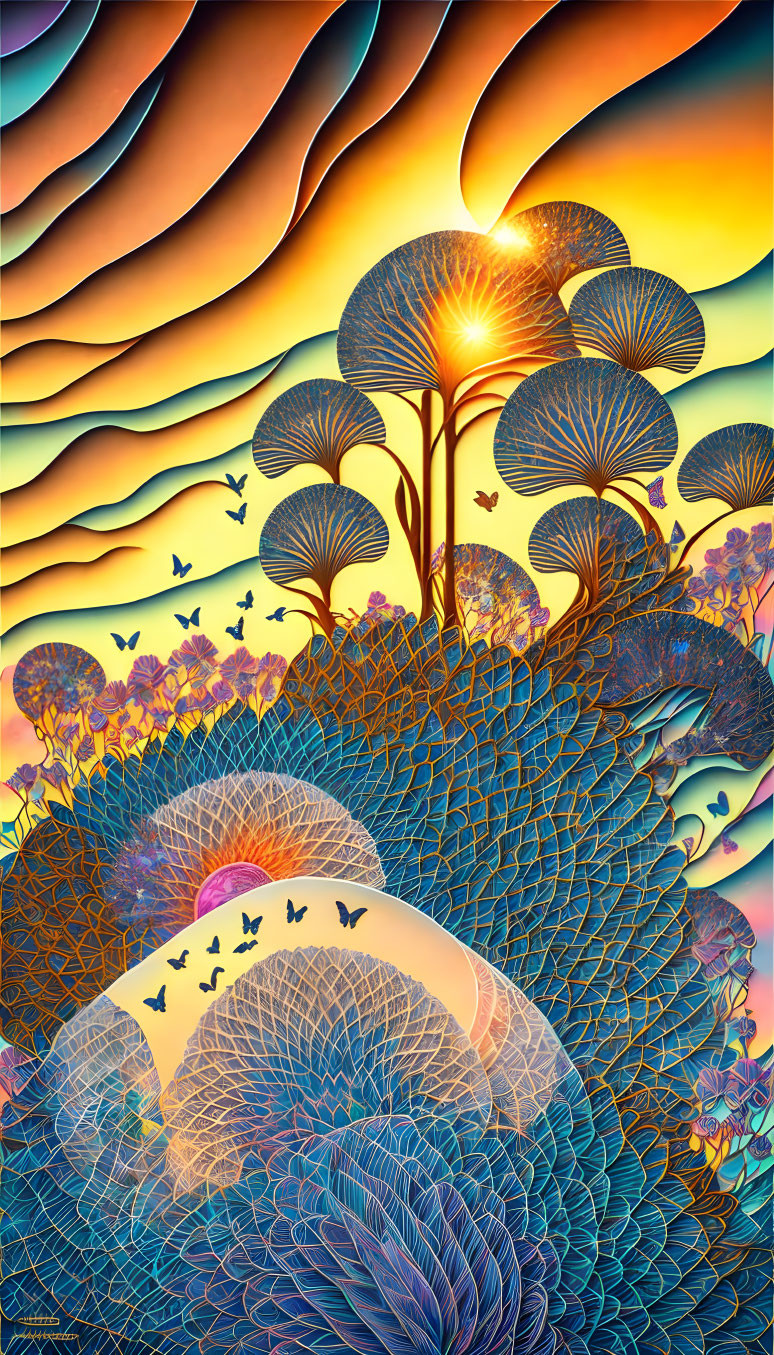 Colorful surreal illustration: peacock feathers, trees, sun, birds on gradient sky