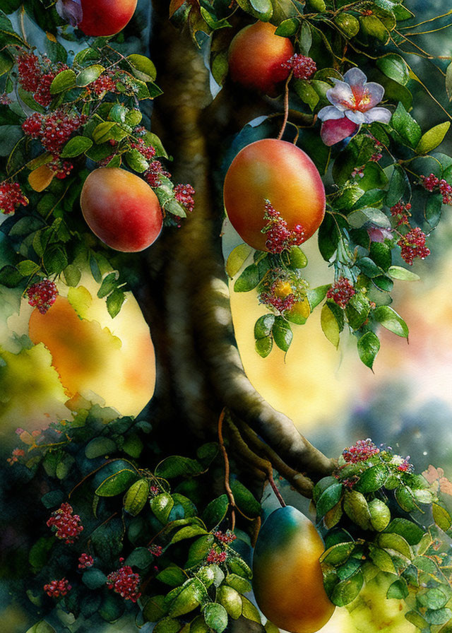 Colorful painting of ripe peaches and red berries on a fruitful tree