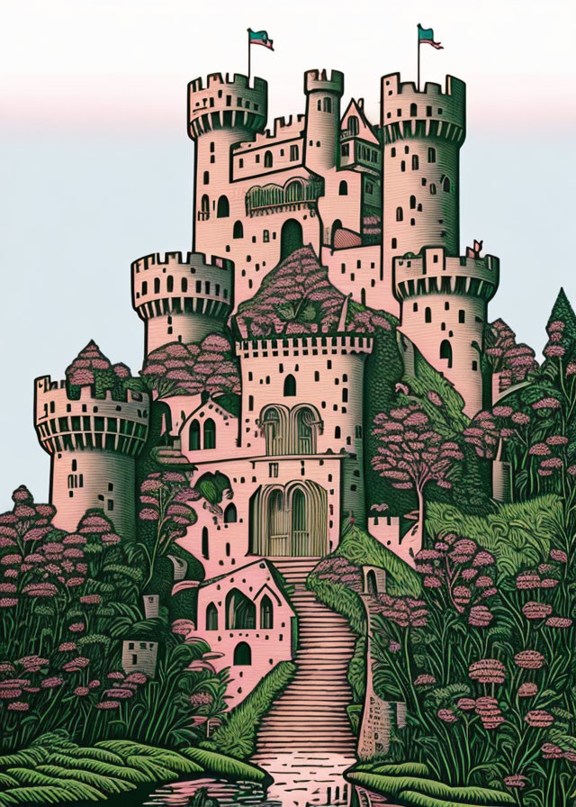 Pink Castle Illustration Surrounded by Greenery and Pink Trees