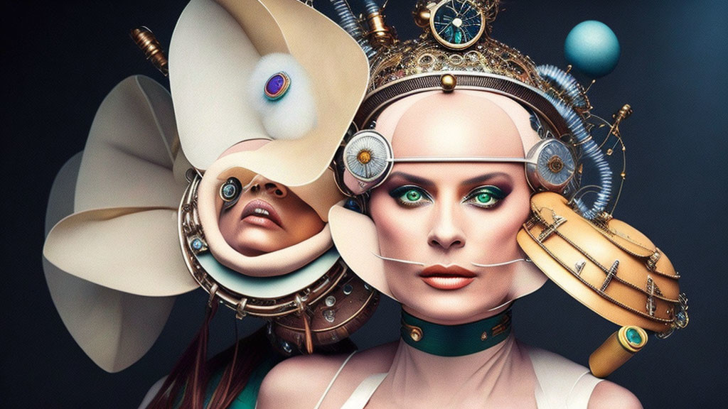 Surreal portrait featuring woman with mechanical elements and multiple eyes.