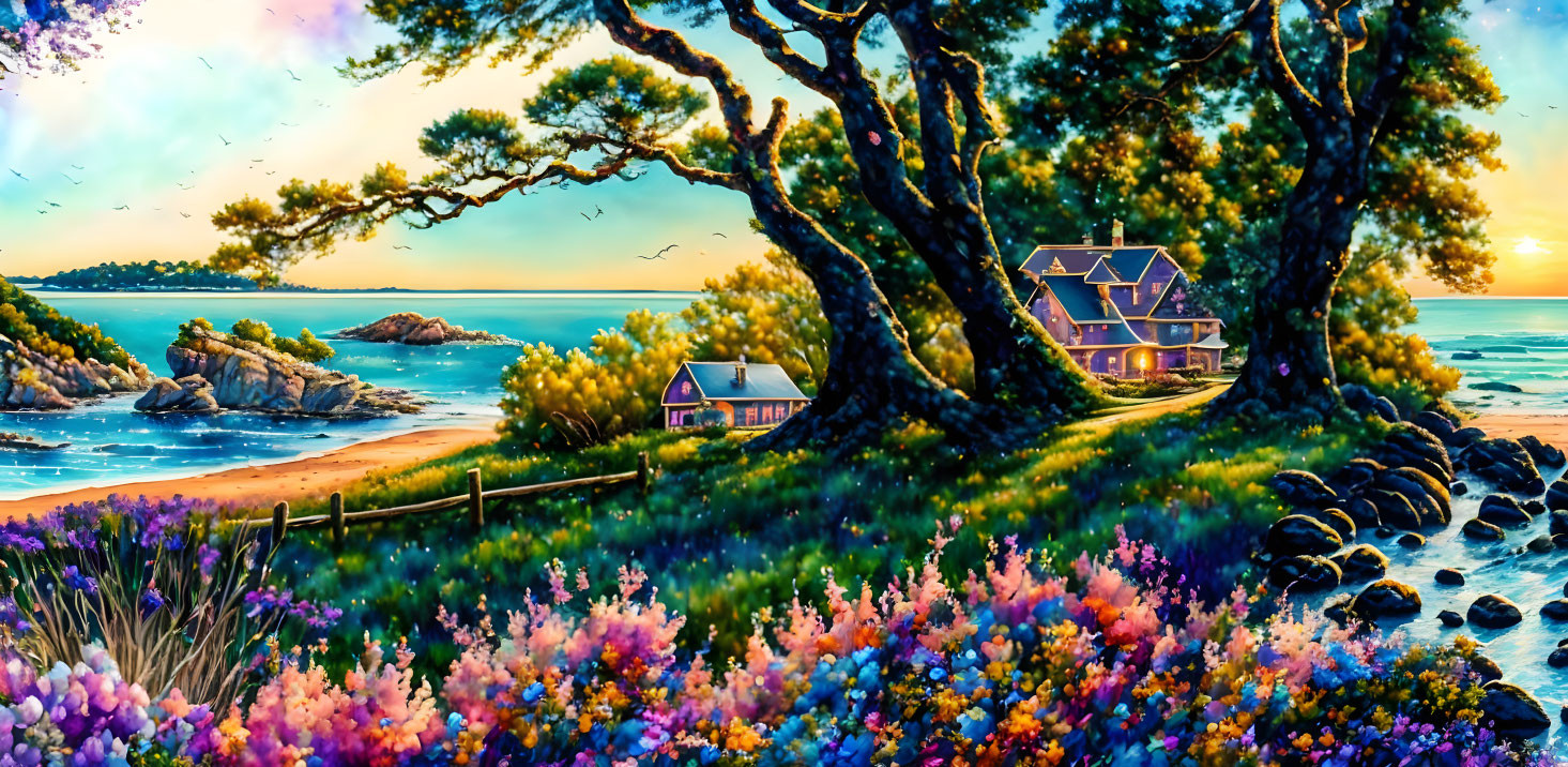 Colorful sunset over seaside houses, wildflowers, twisted trees, rocky shore.