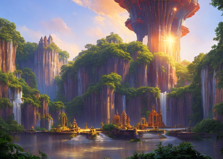 Fantastical landscape with waterfalls, forests, river, golden structures, and tree-like citadel