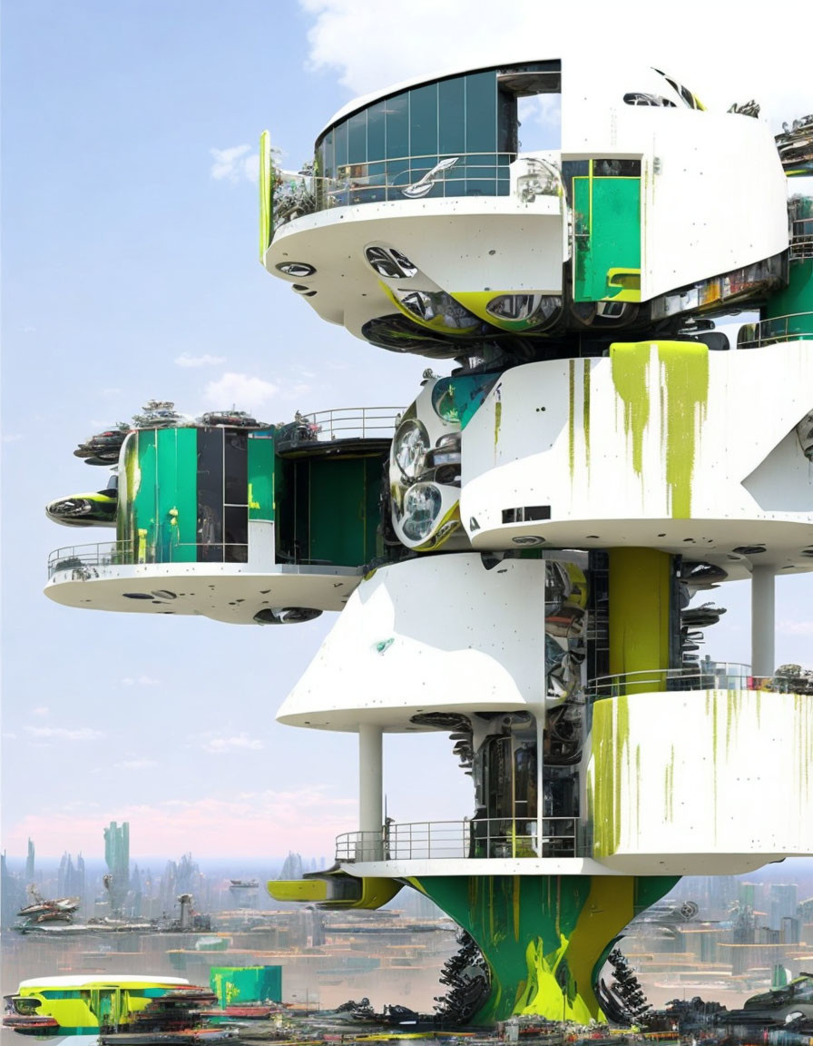 Irregular-shaped futuristic building with green accents and external staircases in cityscape.