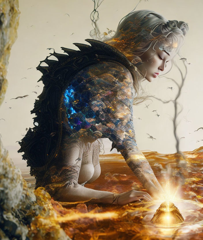 Fantasy image of woman with cosmic body and celestial cape, interacting with glowing source on golden surface,