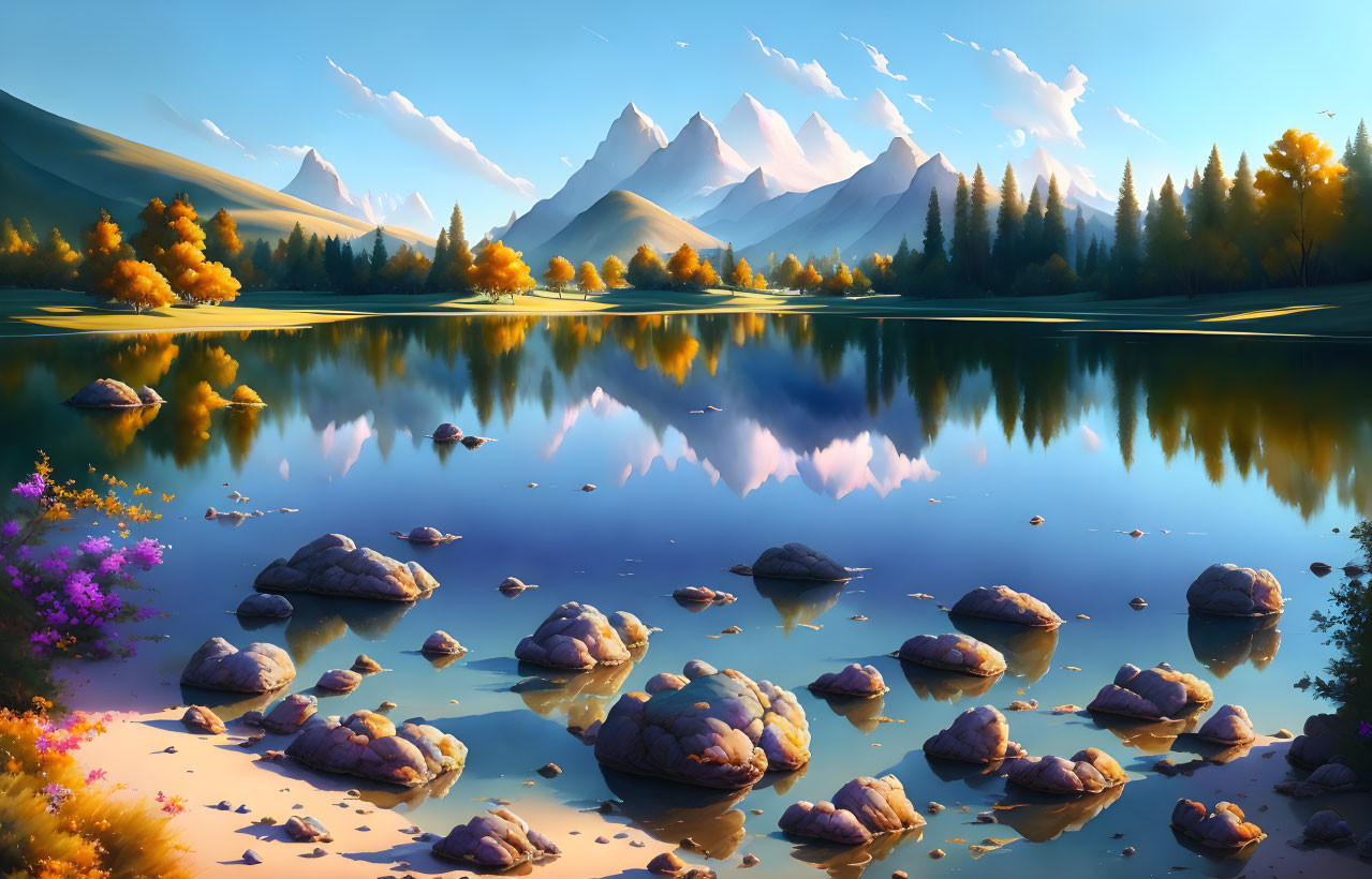 Serene lake reflecting autumn trees, mountains, and blue sky