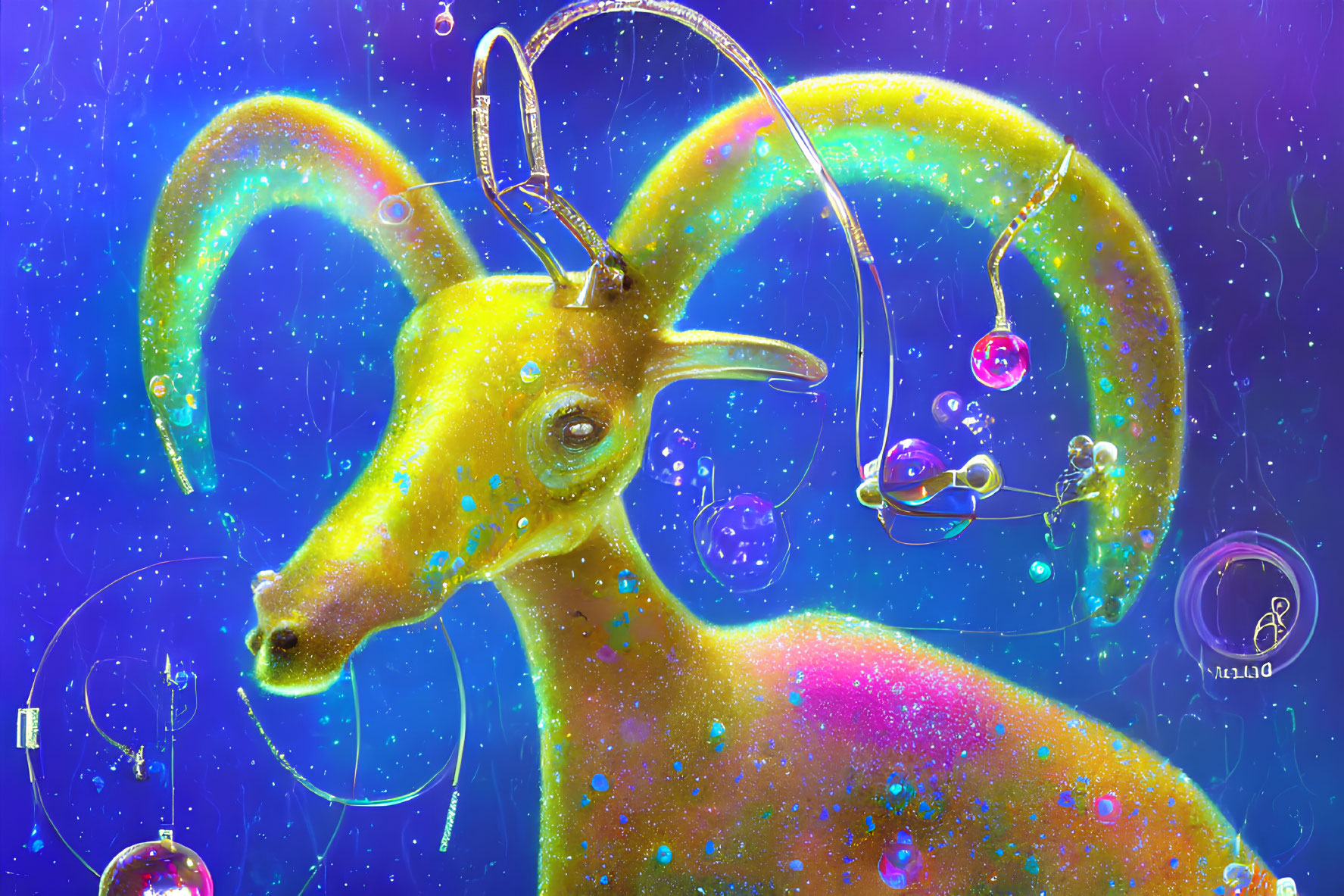 Colorful Cosmic Goat Artwork with Swirling Horns in Celestial Space