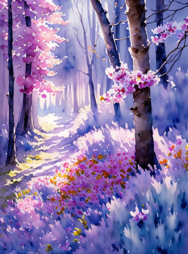 Vivid Watercolor Painting of Serene Forest Path