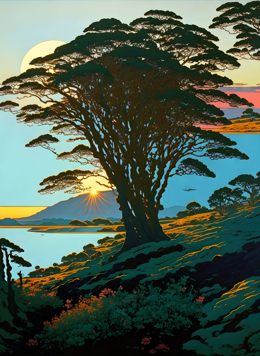 Vibrant landscape illustration with large tree, sunset, and mountains