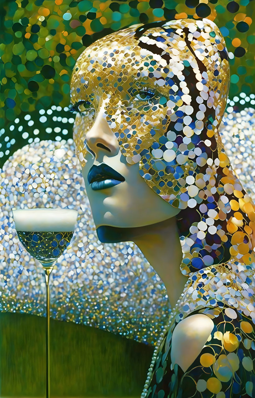 Golden Veil Portrait with Wine Glass and Shimmering Circles