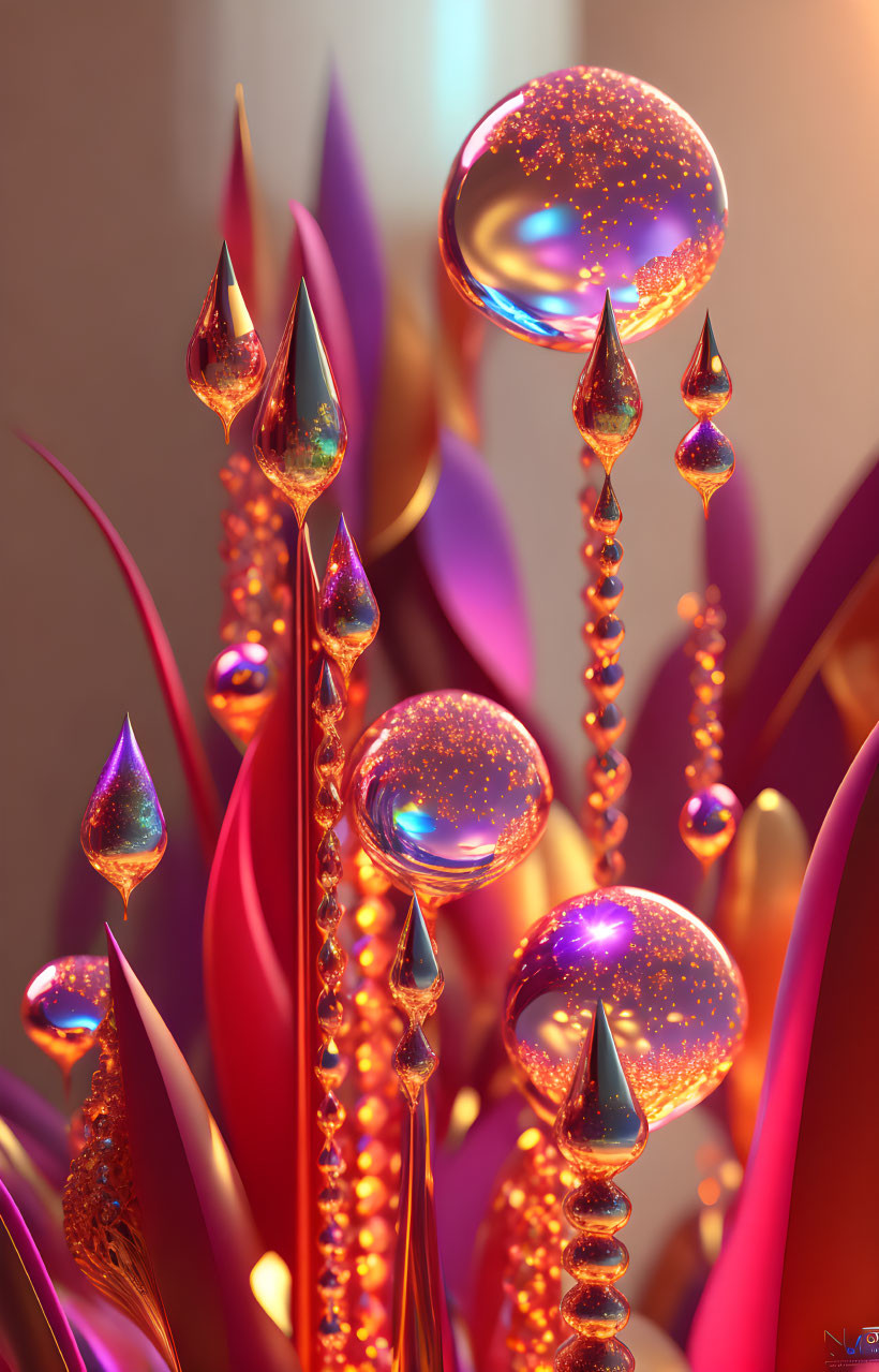 Vibrant 3D Artwork: Spiked shapes, orbs, and glowing particles on warm