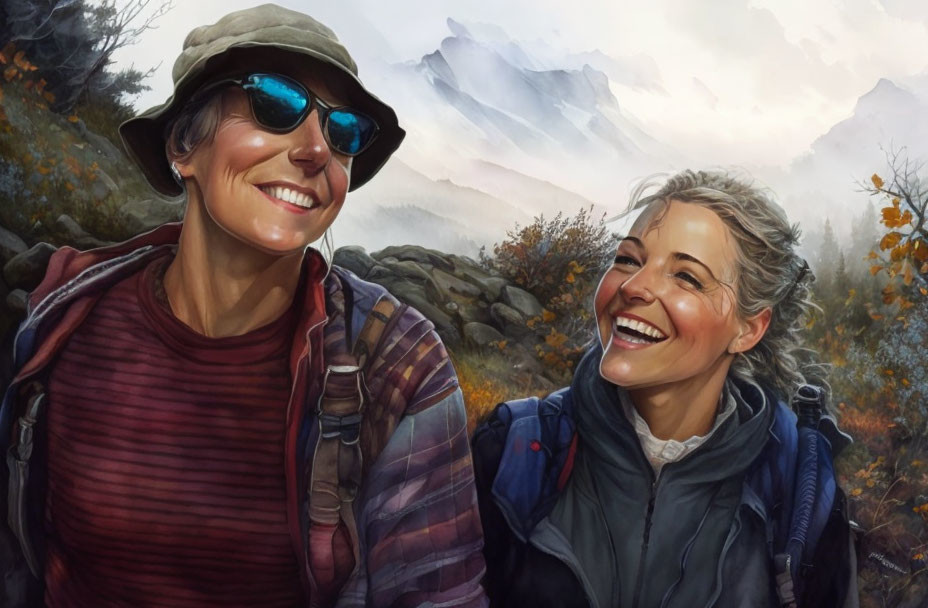 Two Middle-Aged Women Outdoors with Mountainous Background