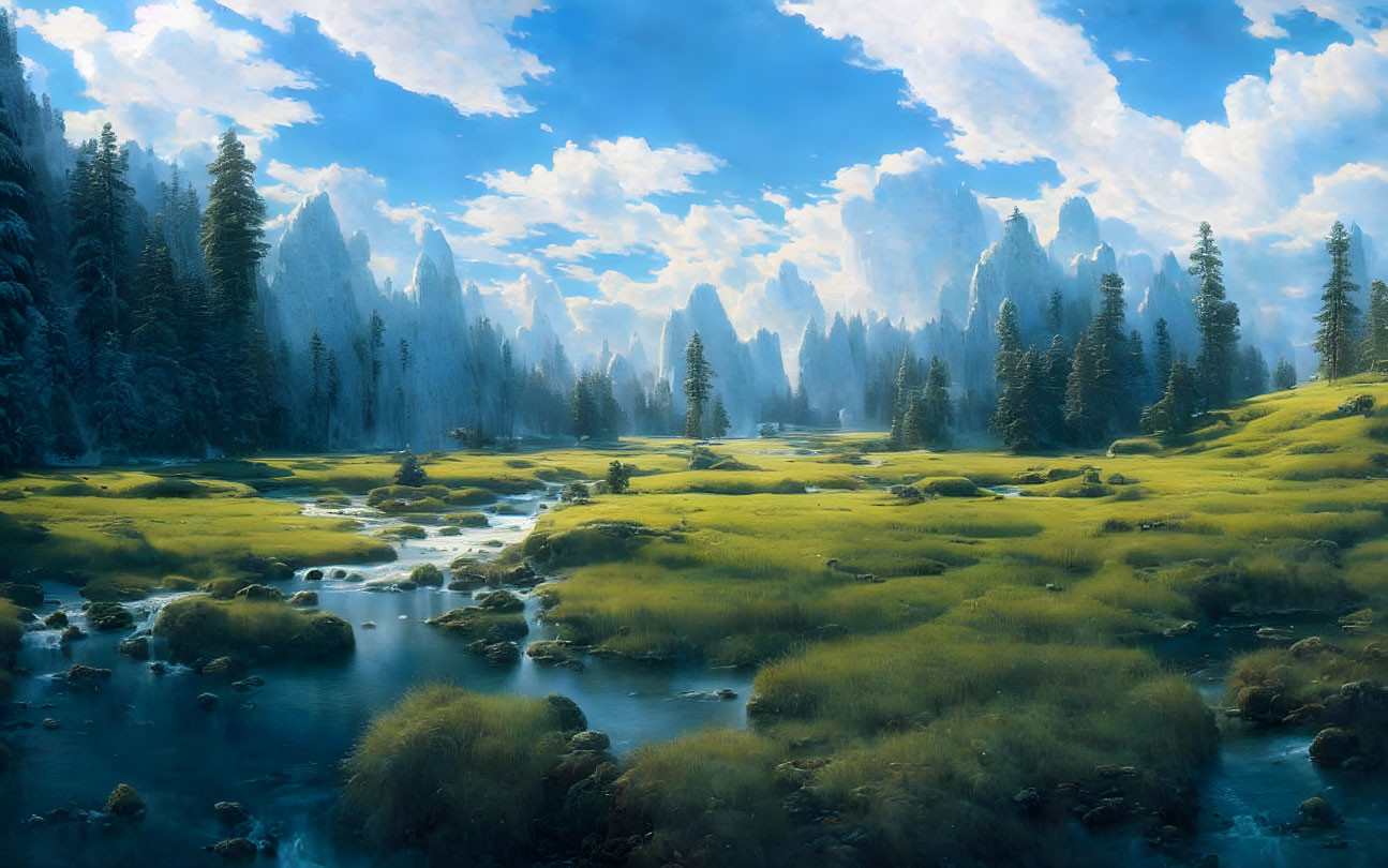 Tranquil river in lush meadow with forests and mountains