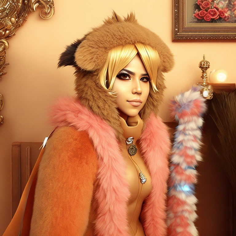 Blonde-haired person in furry hat and coat with pastel pink tones and gold pendants