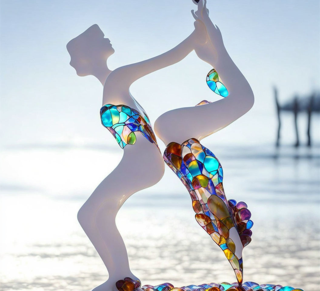 Translucent woman sculpture with colorful mosaic patterns on bright background