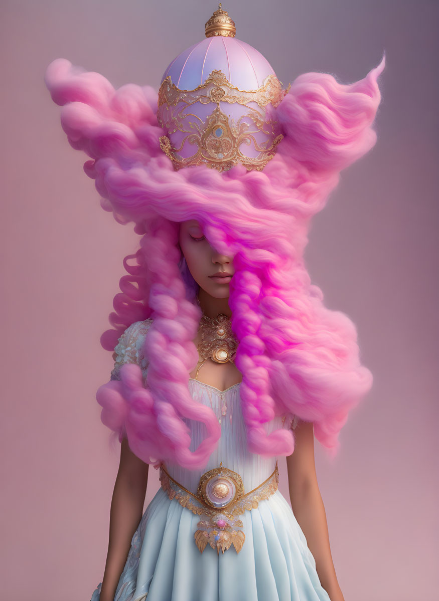 Stylized costume with pink headdress and blue dress