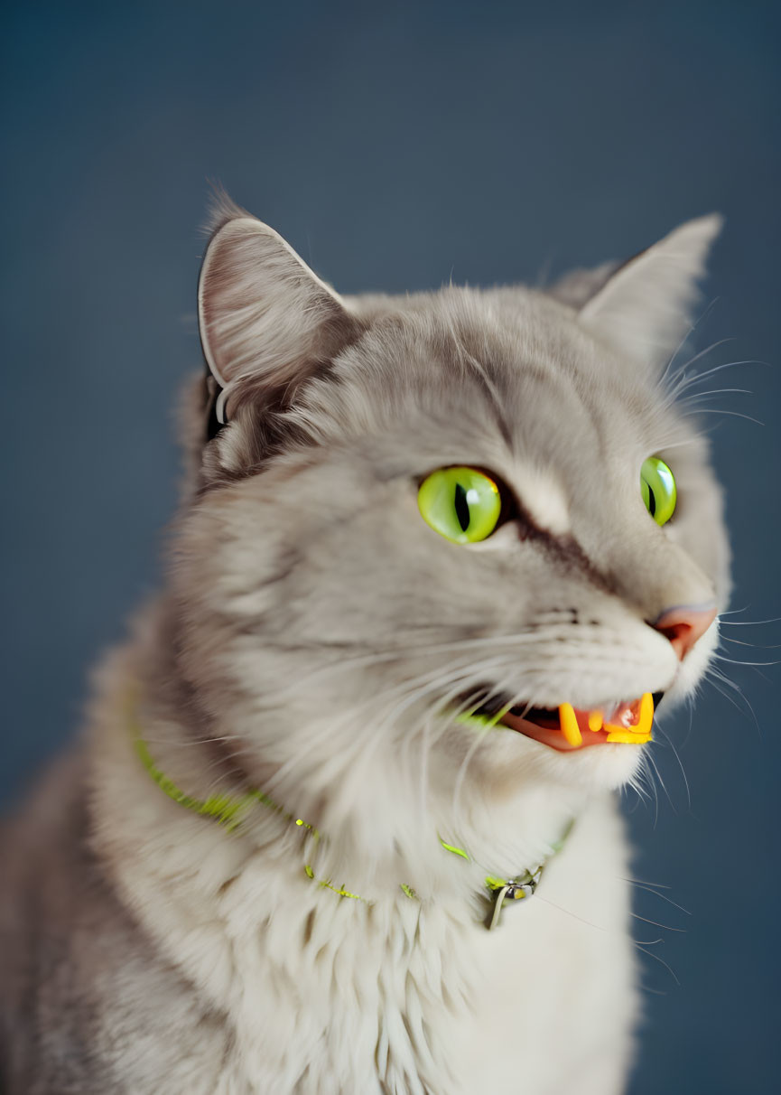 Grey Cat with Green Eyes and Collar on Blue Background