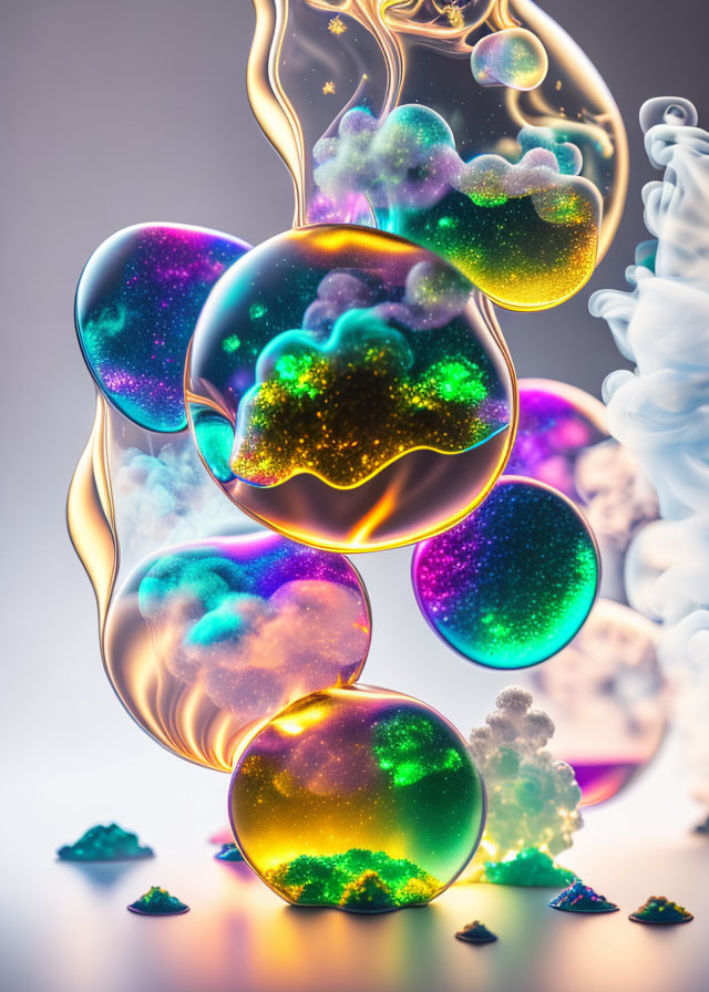 Iridescent bubbles with swirling smoke and lights on neutral background