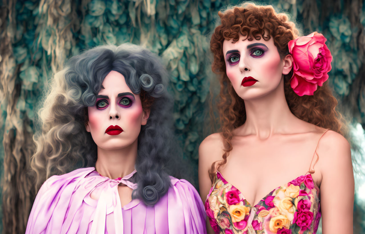 Two women in dramatic makeup and vintage hairstyles against forest backdrop.