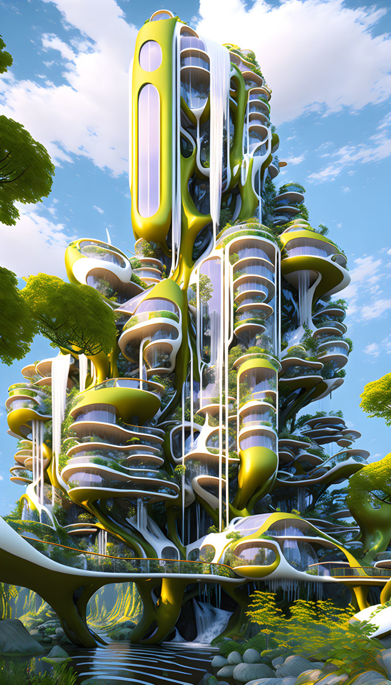 Organic-shaped futuristic building with green terraces and trees under blue sky