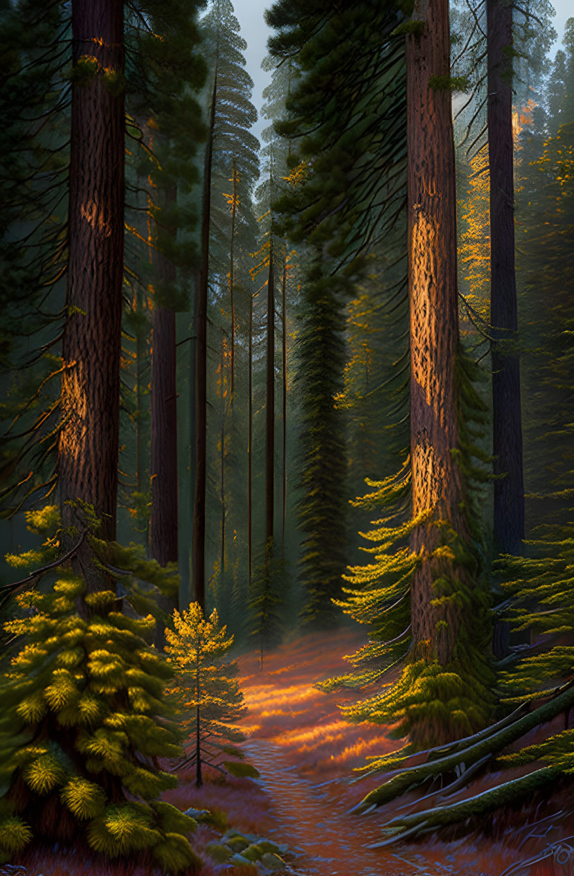 Tranquil forest landscape with tall trees, orange foliage, and sunlight filtering through branches.