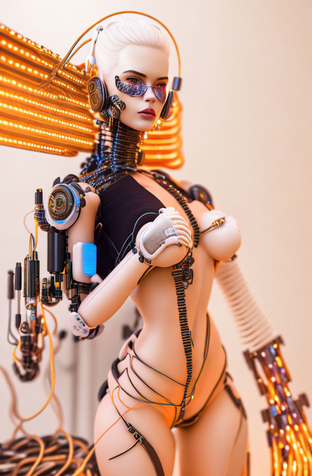 Futuristic Female Robot with Intricate Designs and Neon Orange Lighting