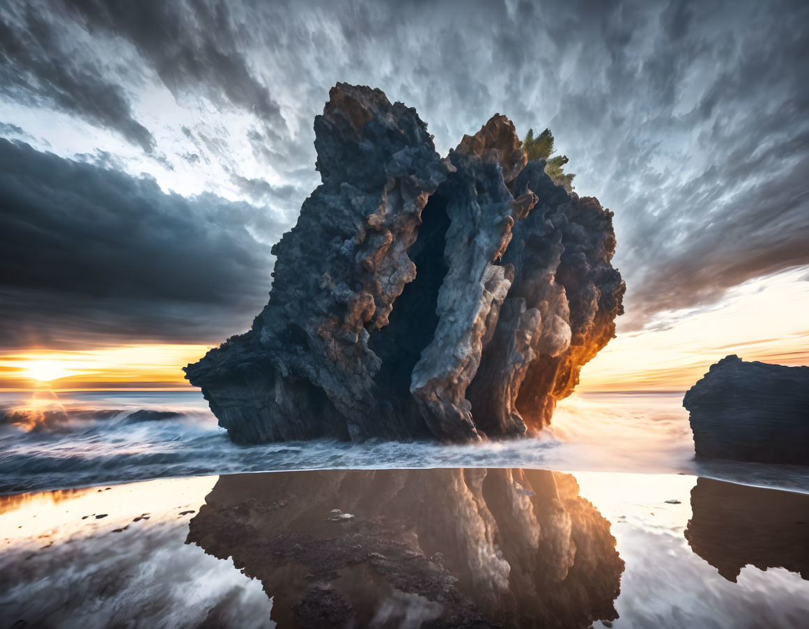 Scenic seaside sunset with rugged rock formation and dramatic sky.