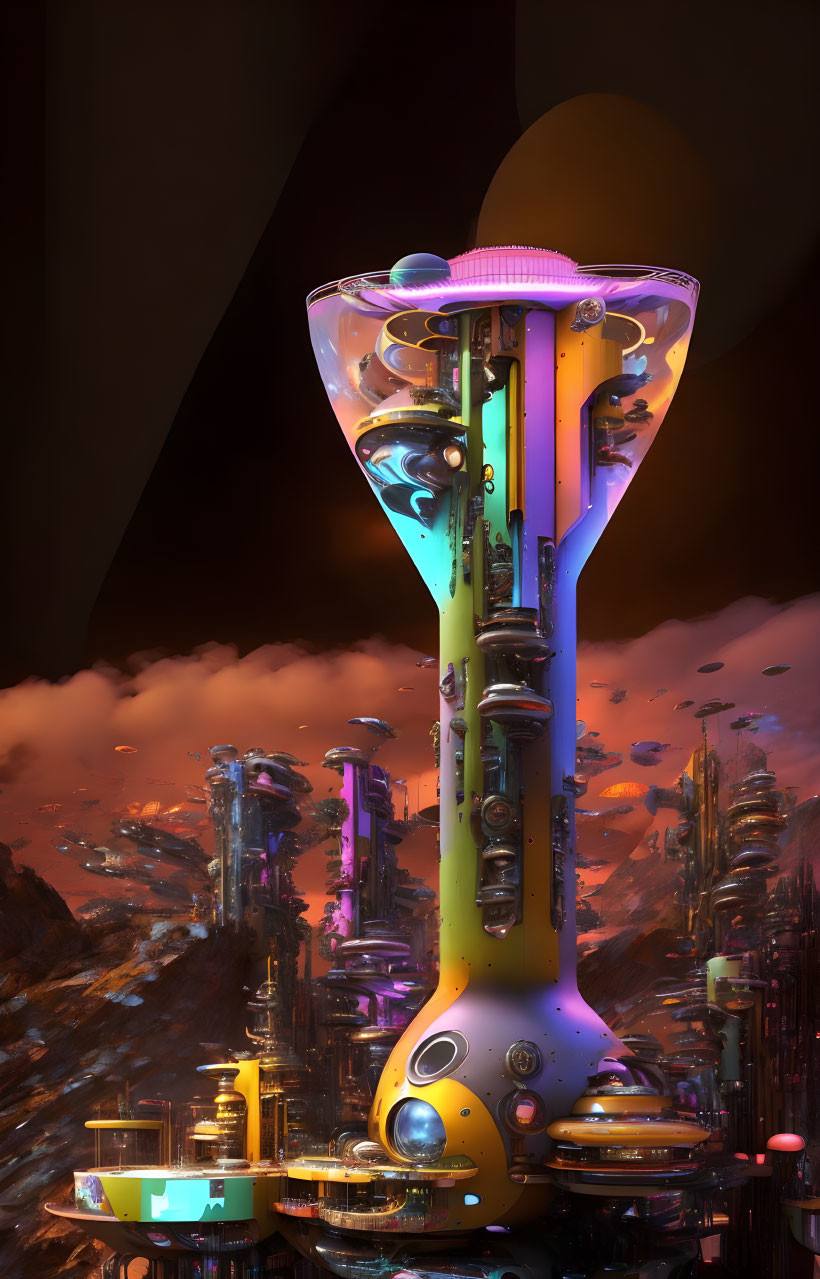 Futuristic cityscape with illuminated hourglass-shaped tower amid high-tech buildings