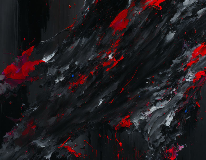 Dynamic Red and Subtle Blue Splashes on Black Canvas